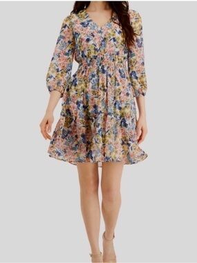 Taylor | Floral V-Neck Long Sleeve Tiered Ruffle Hem Dress- Size M